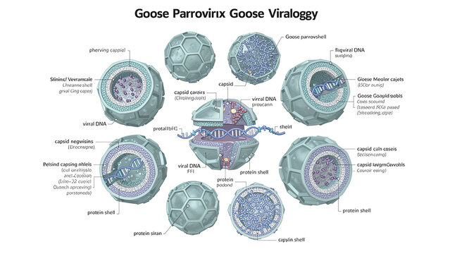 Goose Parvovirus 2D scientific illustration, non-enveloped virus particles with cross-section diagram and goose host silhouettes