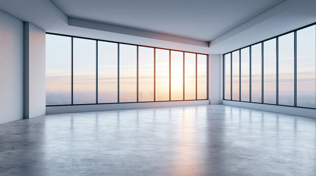 Bright modern empty office space with panoramic windows showcasing cityscape sunset and sun reflecting on polished concrete floor.