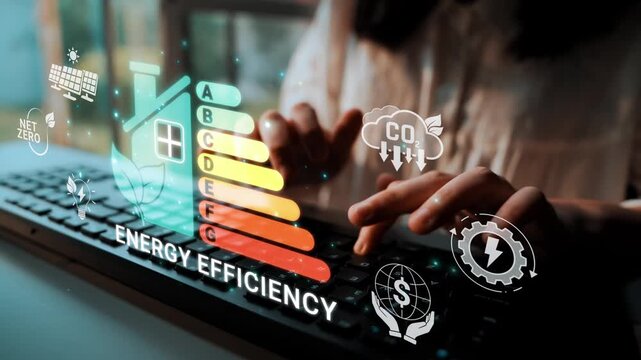 Digital Concept of Energy Efficiency with Graphical Interface on Laptop Showing Environmental Impact and Carbon Footprint Reduction Metrics Sigmoid