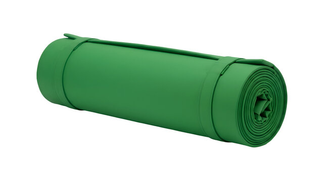 Green yoga mat rolled up for exercise and fitness