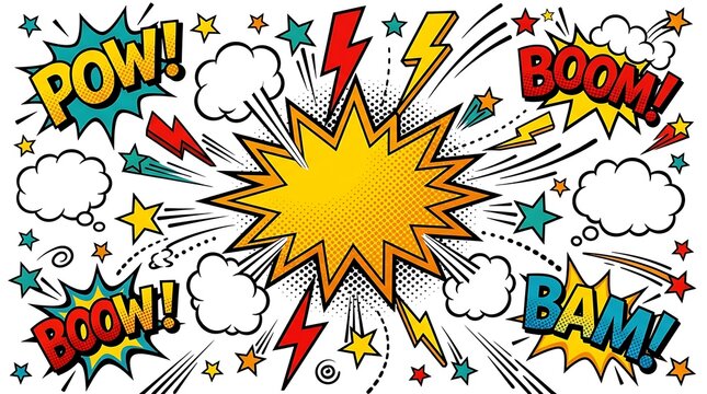 A colorful and energetic comic book explosion backdrop featuring dynamic word bubbles and bright starburst effects ideal for action packed superhero designs