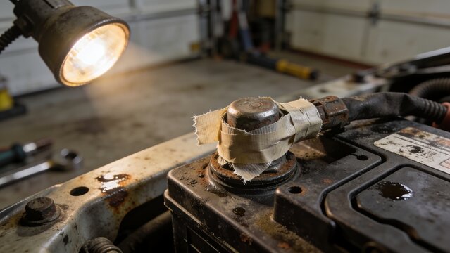 Close up of a car battery terminal connection wrapped in duct tape