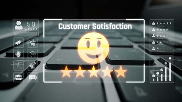 Customer feedback and satisfaction rating system showing star review, happy face, performance score, and service evaluation to improve customer experience Marrow