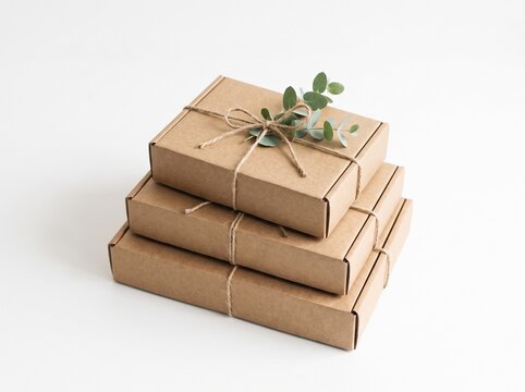 Stack of eco-friendly cardboard gift boxes tied with twine and eucalyptus leaves