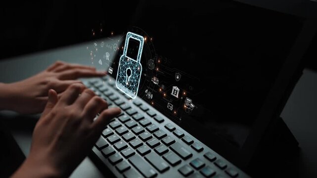 Cybersecurity protection system showing password encryption, fingerprint ID, cloud security, email, credit card, and database lock for secure data access Marrow