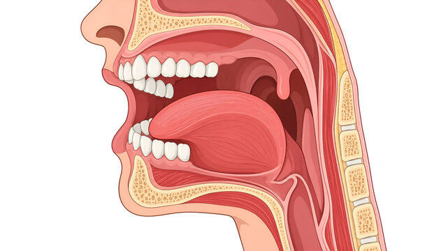 Medical illustration of human mouth anatomy showing teeth tongue and