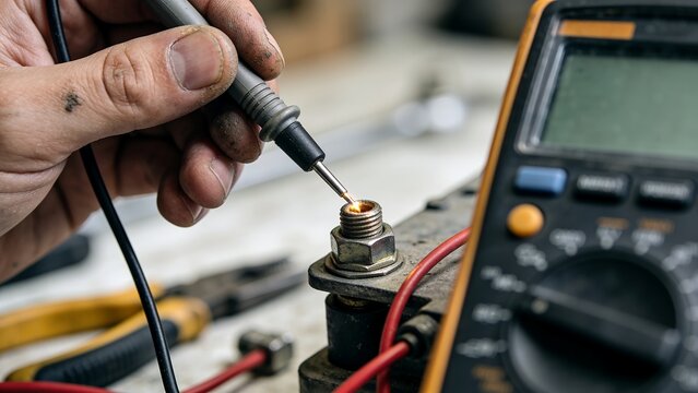 Technician using a digital multimeter probe to test electrical