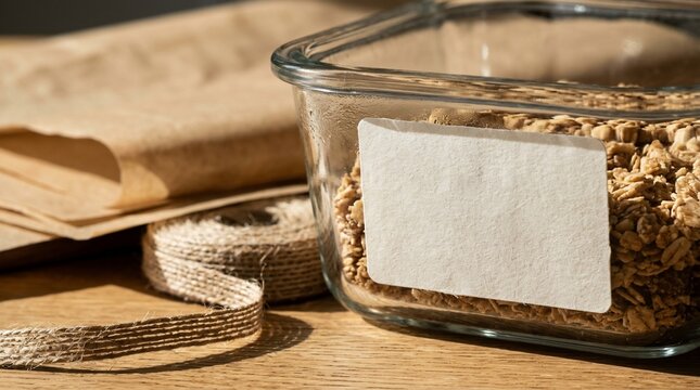 Clear glass container filled with oat granola with blank white paper label resting on wooden tabletop with twine
