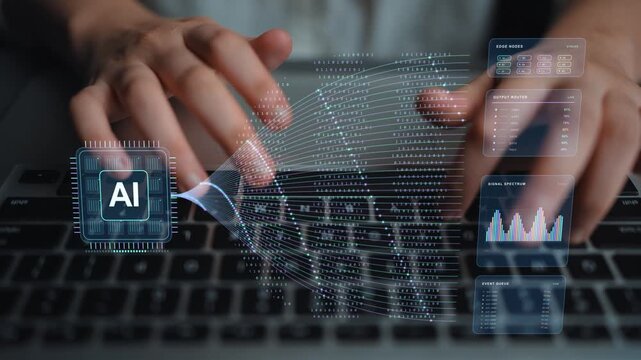 Work continues on a laptop. Signal activity and event queues accompany data flowing from an AI processor, linking hardware-based intelligence with the operation of a connected network.