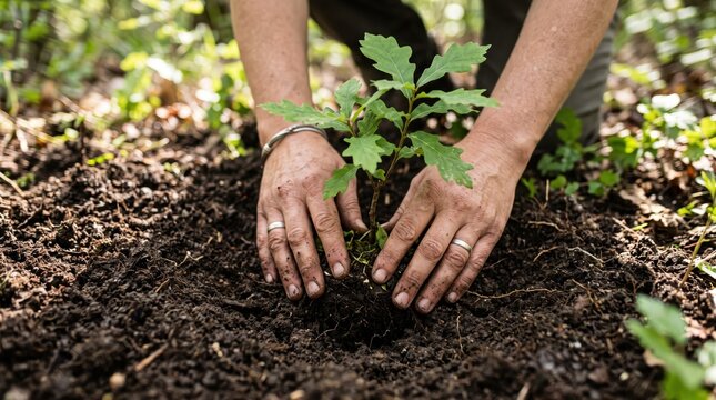 Close-up of adult male hands planting a young oak sapling in rich dark soil, gardening and environmental conservation concept, reforestation effort, nature protection, spring