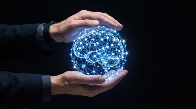 Male hands holding glowing blue holographic human brain network, artificial intelligence concept, neural network technology, digital innovation, futuristic mind interface, high