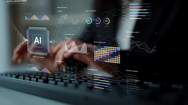 A person types on a keyboard. Forecasts, correlations and workload measurements provide complementary views of an AI system, linking analytical interpretation with computing activity.