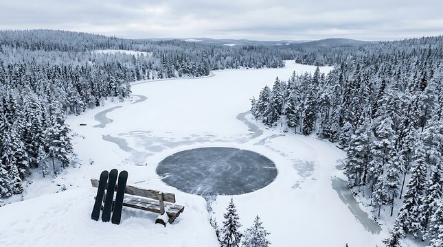 Aerial drone view of a circular ice hole on a frozen lake in a snowy forest landscape.