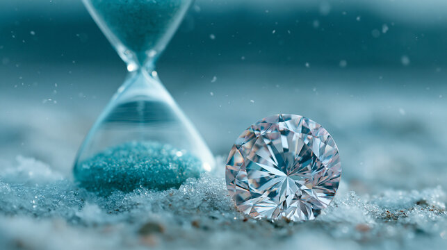 Close up macro shot of a large clear diamond next to a glass hourglass in snowy environment symbolizing wealth time and luxury.