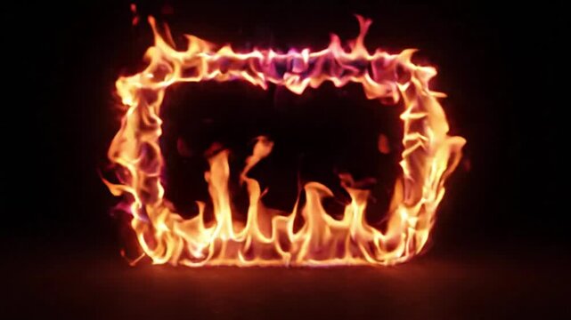 Rectangular frame of burning orange fire flames against a black background