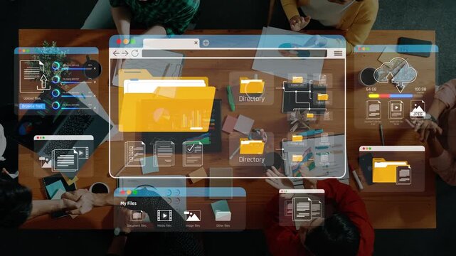 Collaborative Work Environment with Digital File Management and Cloud Technology on a Wooden Table in Office Setting Sigmoid