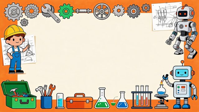 Cartoon Robot and Engineer with Tools and Science Equipment