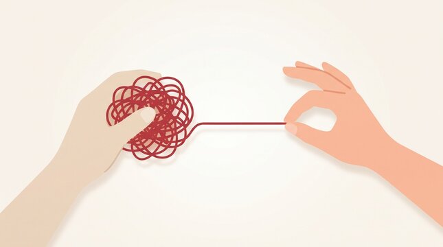 Hands untangling red yarn ball with fingers
