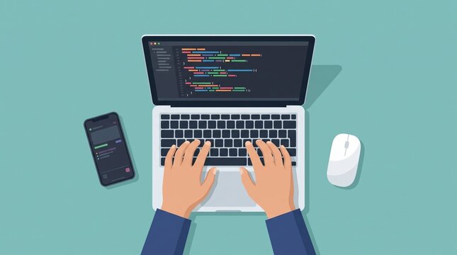 Person typing code on laptop with phone and mouse