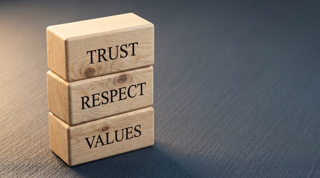 Wooden blocks stacked with words trust respect and values on dark blue background