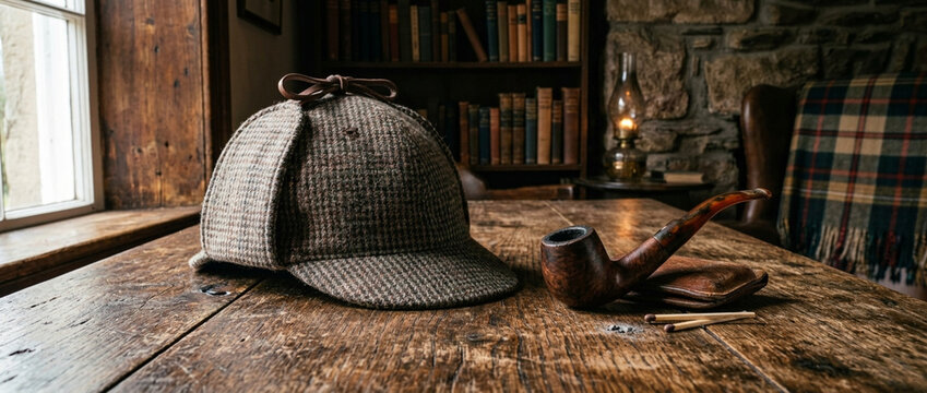 Detectives Study Deerstalker Hat Pipe and Bookshelf Setting