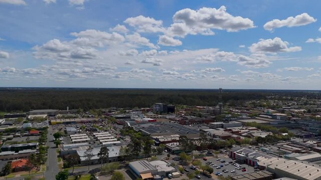Aerial view of Shepparton business district beneath a blue sky