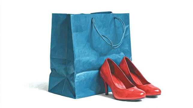 Blue shopping bag containing red high heel shoes on a clean white background, minimal retail fashion concept for footwear shopping, ecommerce product display, online store advertising, shoe sales, ret