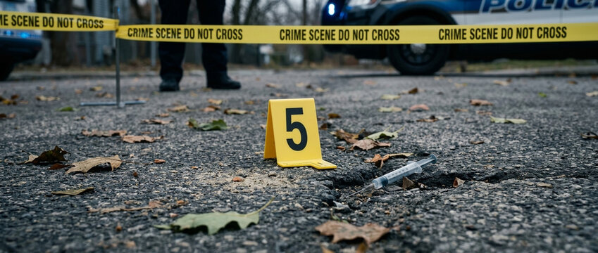 Crime Scene Investigation Syringe and Evidence Marker at Outdoor Forensics Site