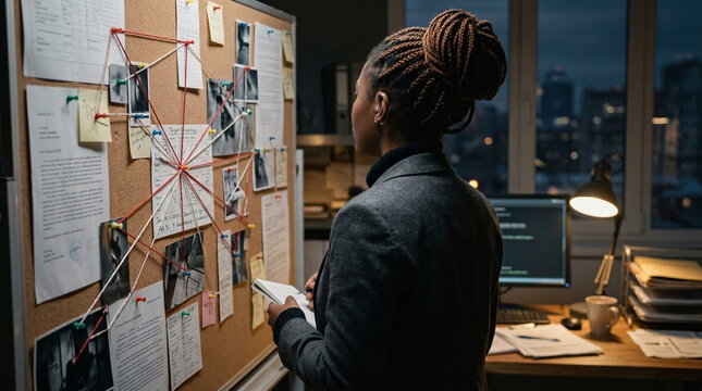 Detective Examining Evidence Board with Photos and String Connections Mystery Solving Concept