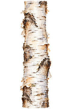 Birch tree trunk segment with peeling white bark and dark knots on a transparent background