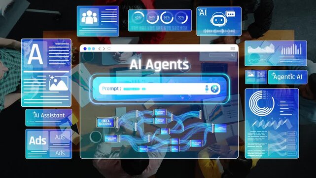 Futuristic Digital Workspace with AI Agents Interface and Data Visualization in a Modern Office Environment for Technology and Innovation Themes Sigmoid