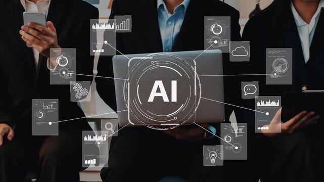 Business professionals engaging with artificial intelligence technology, showcasing data analysis, innovation, and digital transformation in a modern workspace environment. Entropy.