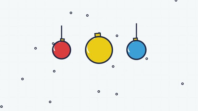 2D vector animation of colorful hanging Christmas baubles swinging gently with falling snow and a Merry and Bright Season's Greetings banner.