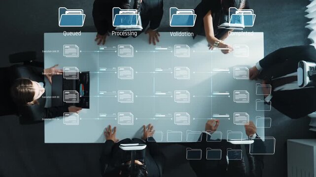 A top-down view of a diverse team collaborating in a modern office setting. Digital workflow elements illustrate the progress of various tasks and documents. Raster