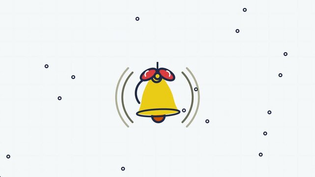 2D vector motion graphics animation of a golden Christmas jingle bell swinging and ringing with red ribbon, falling snow, and a Merry Christmas banner.