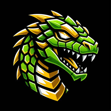 A fierce green and yellow dragon head with sharp teeth and glowing eyes.