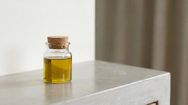 Single glass bottle filled with pure golden oil and sealed with a cork stopper on a smooth grey stone surface for aromatherapy and skincare use