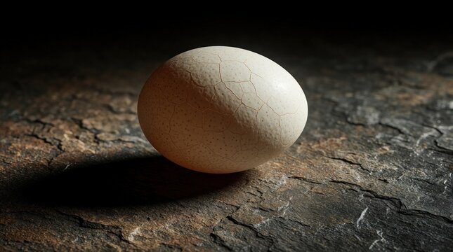 Single cracked eggshell lies on dark textured stone surface. Close up of fragile broken egg with fine cracks on beige shell. Moody lighting creates deep shadows on rough rocky ground. Symbol of new