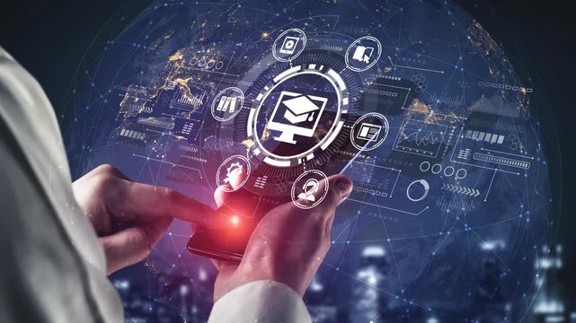 Hands holding smartphone with digital communication icons, global network background and data connectivity visualization, representing modern technology and information exchange. Entropy.