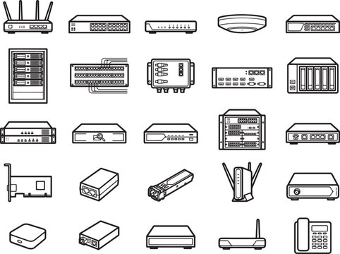 A collection of network hardware, including routers, switches, servers, and modems, illustrated in a clean, modern icon style.