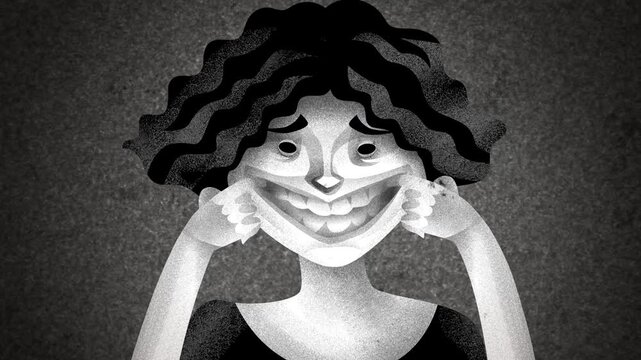 woman forcing an exaggerated smile with her fingers as a metaphor for toxic positivity