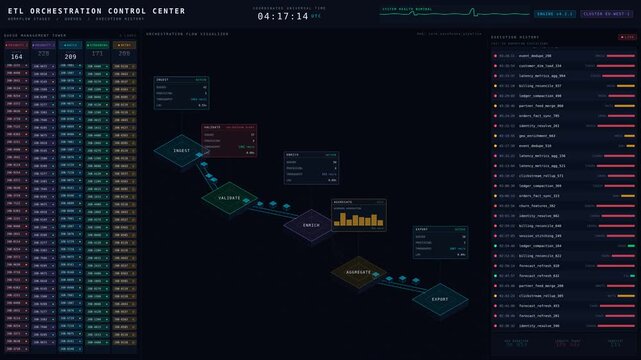 Explore a sophisticated ETL orchestration control center showcasing workflow stages, queues, and execution history in a stunning 4K dark mode visual environment.