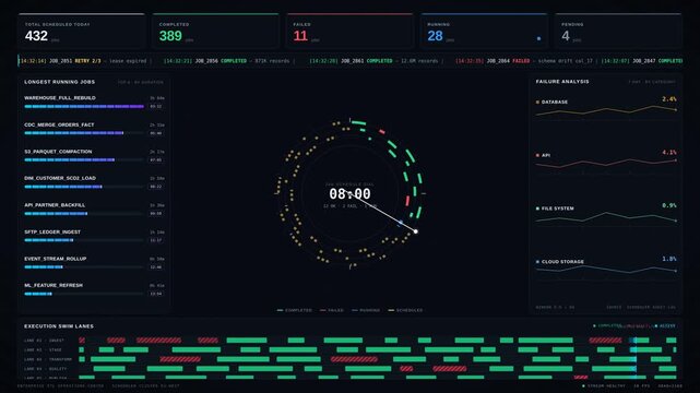 Experience a sophisticated 4K ETL operations center dashboard showcasing scheduled job completions and failures with vibrant animations and real-time data visualizations.