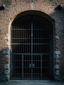 Large metal prison gate with iron bars inside old brick building. Dark jail cell entrance at historic fortress penitentiary. Heavy security gate criminal justice system reform, incarceration, law