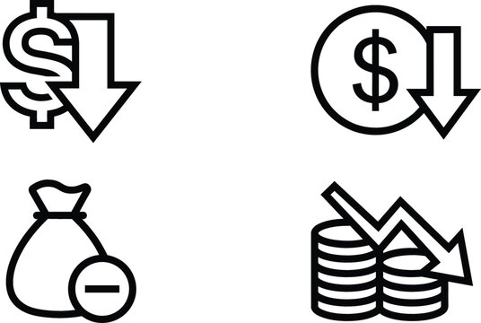 Financial loss and economic crisis outline icon set with dollar decrease elements isolated