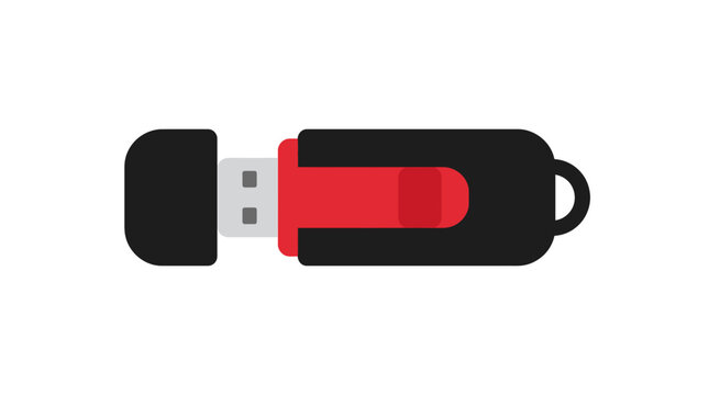 A flat vector illustration depicts a usb flash drive with a black casing and red slider memory stick