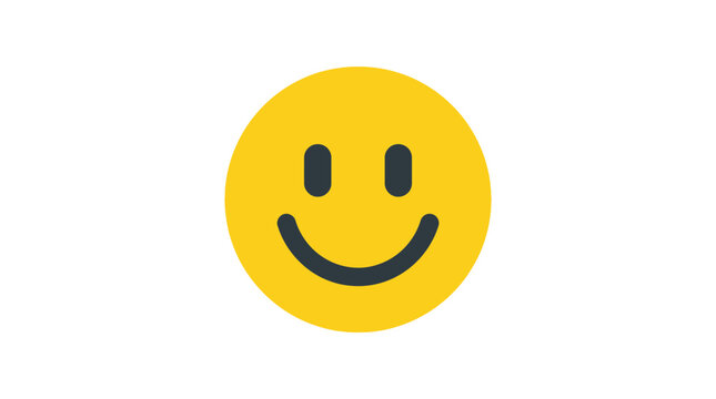 A yellow smiling face icon with a curved mouth is presented on a white background cheerful contentment delight