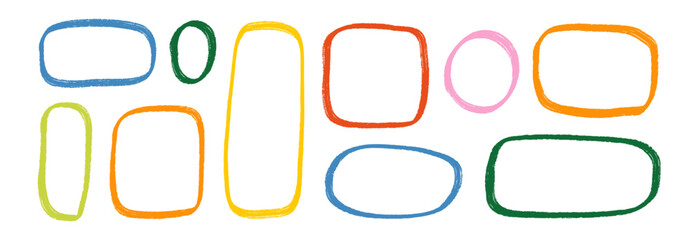 Hand drawn crayon line text box frame set. Colored brush stroke doodle border collection. Rough texture outline rectangle or square shapes. Vector pastel chalk sketch bubbles for sticker, patch, label