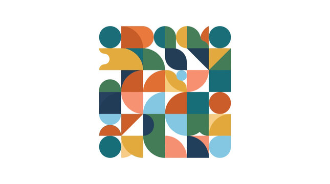 Geometric pattern featuring colorful semicircles quarter circles and full circles on a white background abstract arrangement composition contemporary
