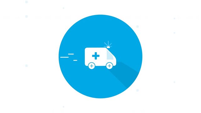 Animated ambulance vehicle icon on blue circle.